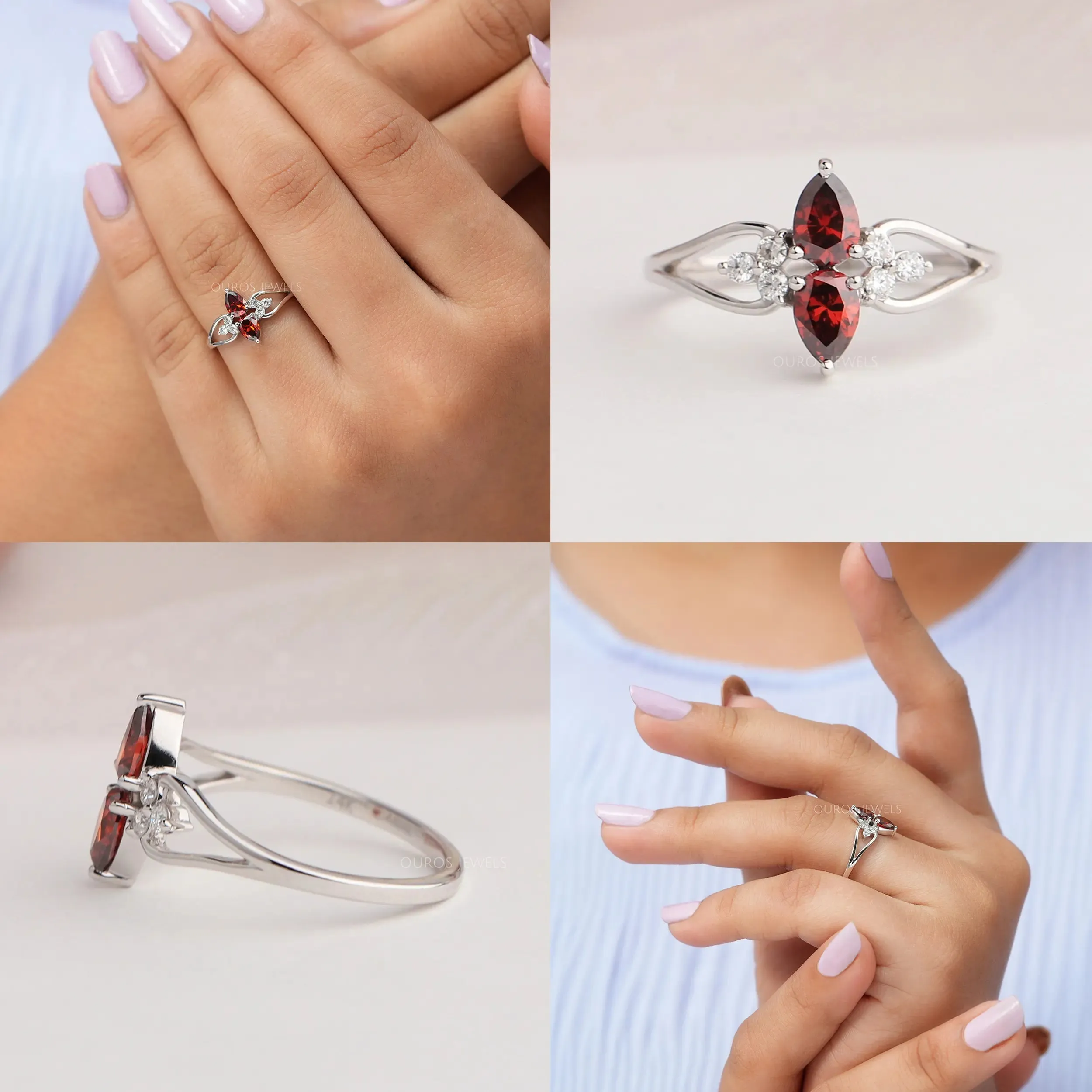 Fancy Red Pear Cluster Diamond Dainty Ring