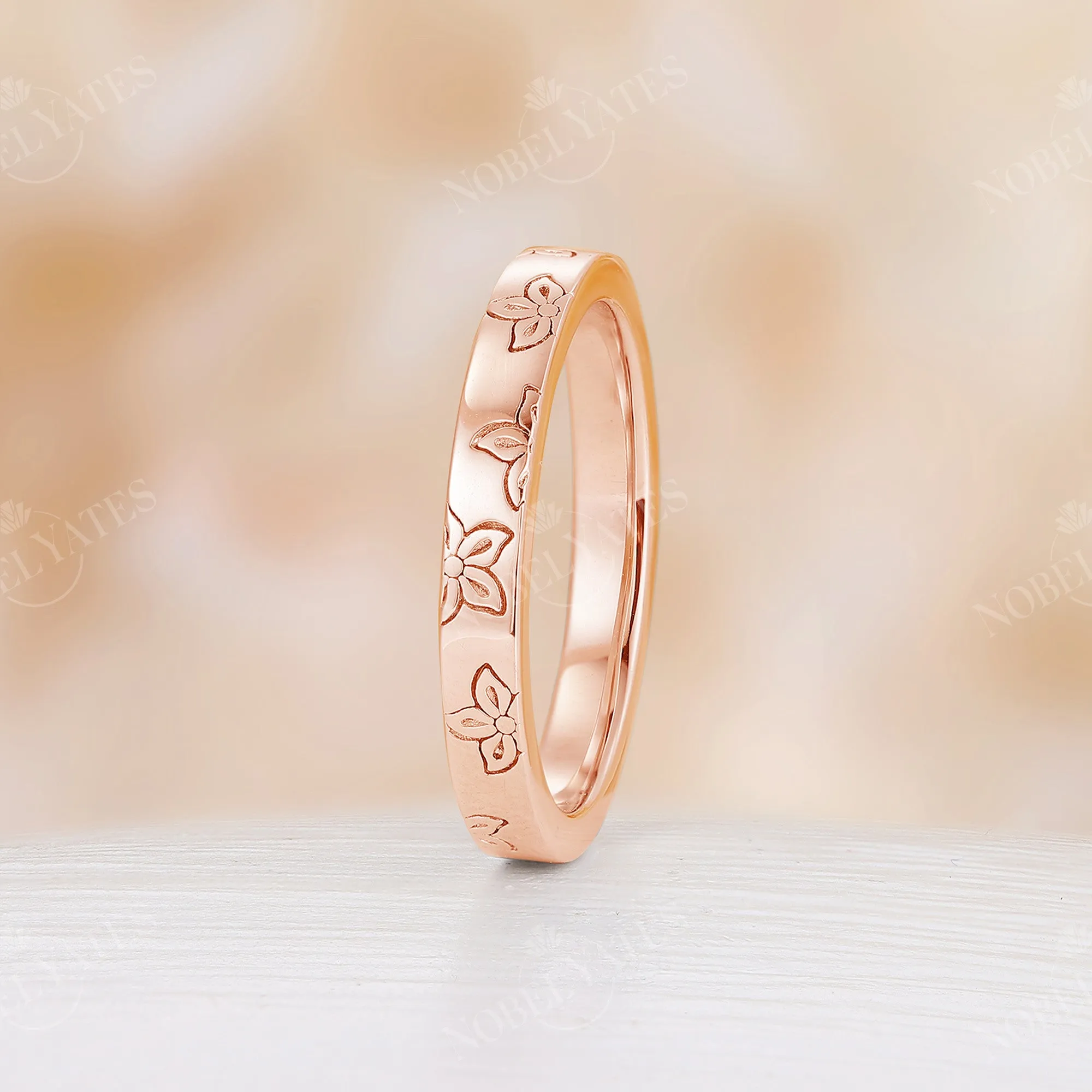 Fashion Floral Engraved Plain Wedding Band Rose Gold