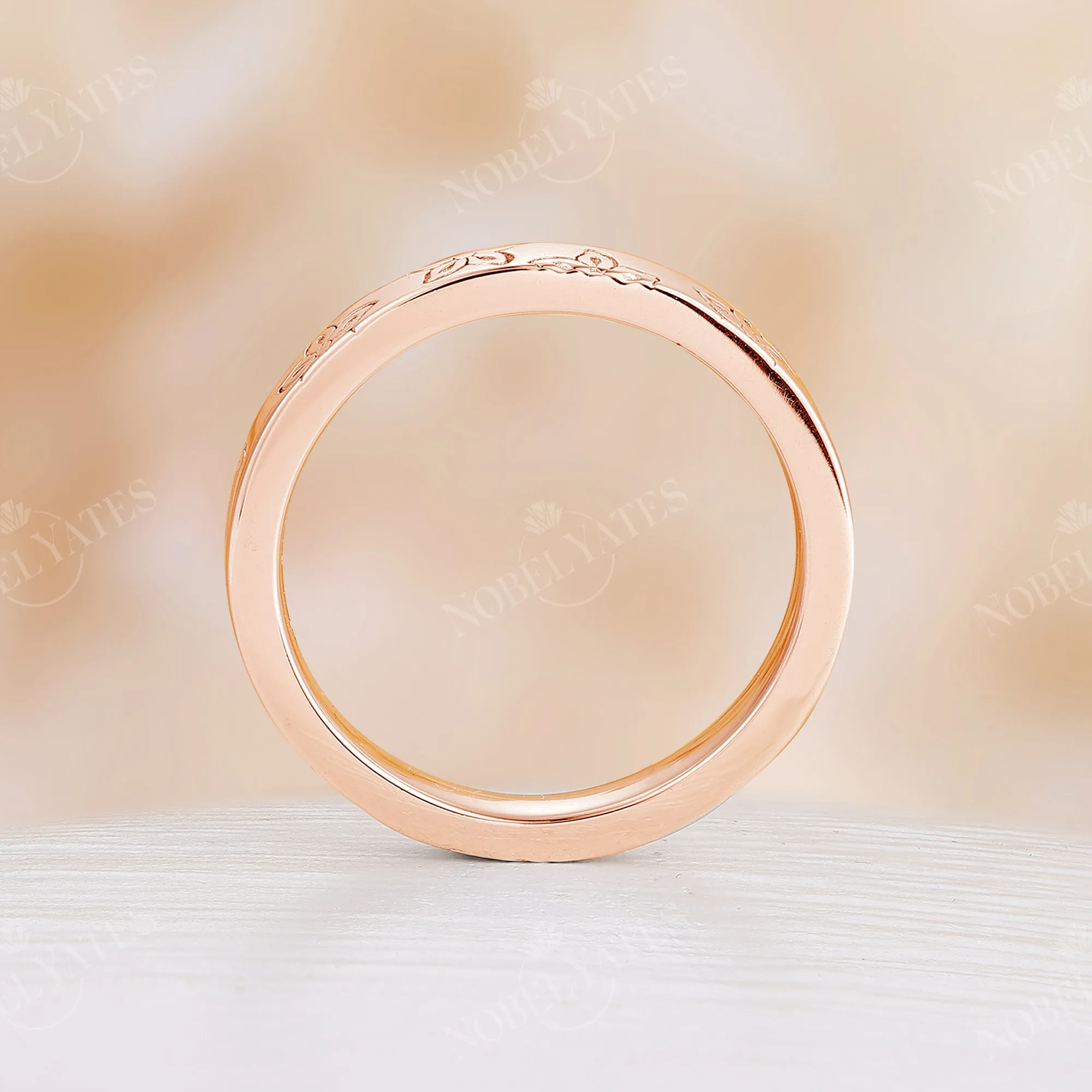 Fashion Floral Engraved Plain Wedding Band Rose Gold