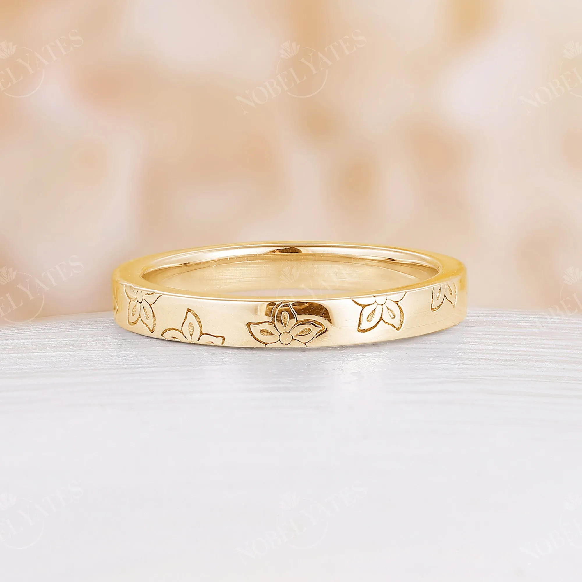 Fashion Floral Engraved Plain Wedding Band Rose Gold