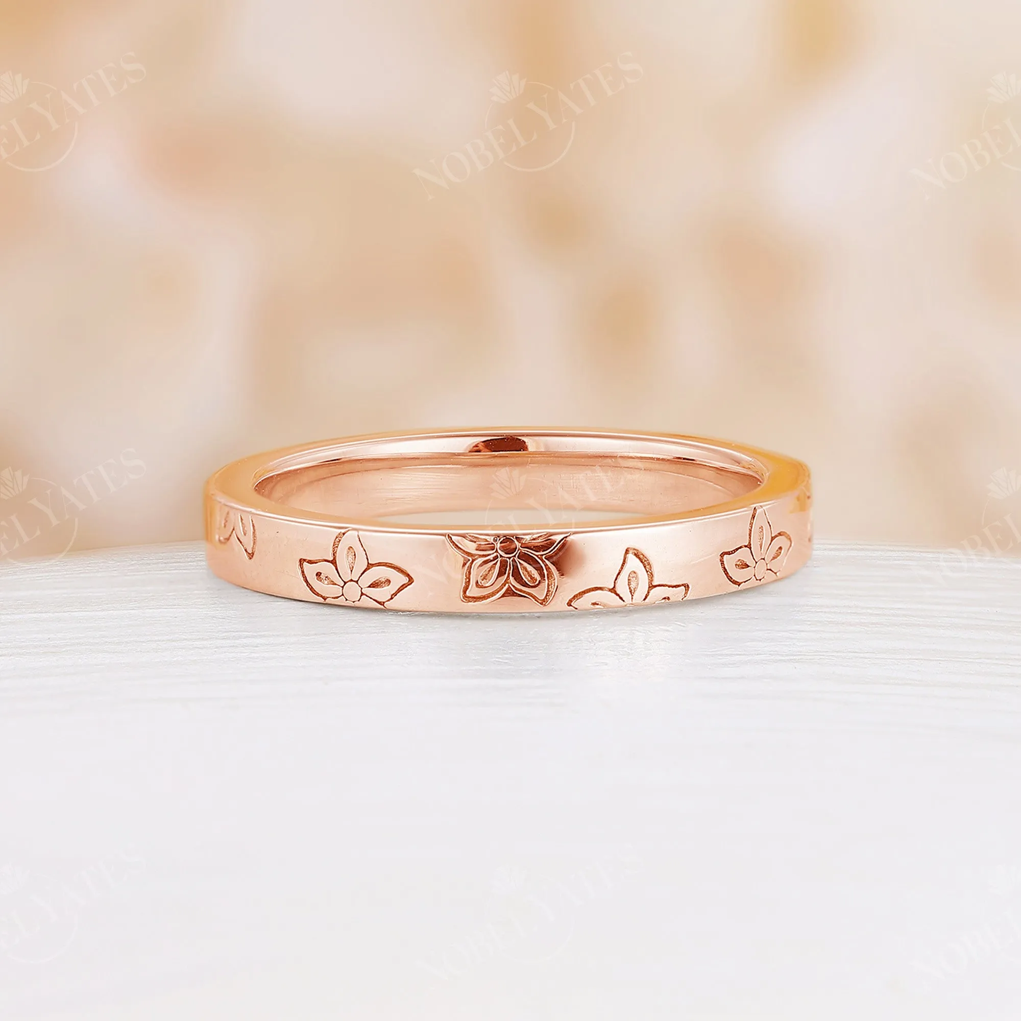 Fashion Floral Engraved Plain Wedding Band Rose Gold