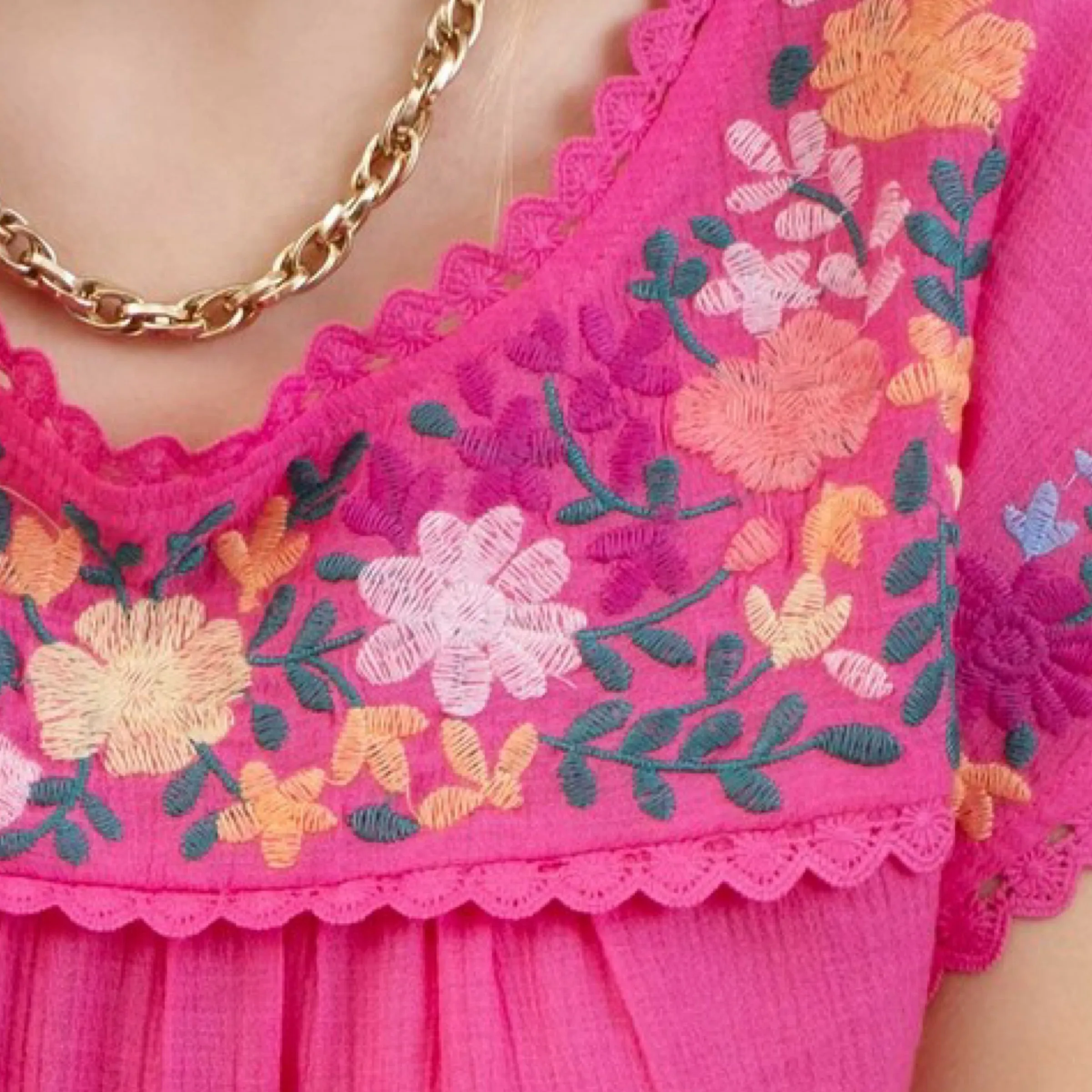 Floral Print Embroidery Top Hot Pink