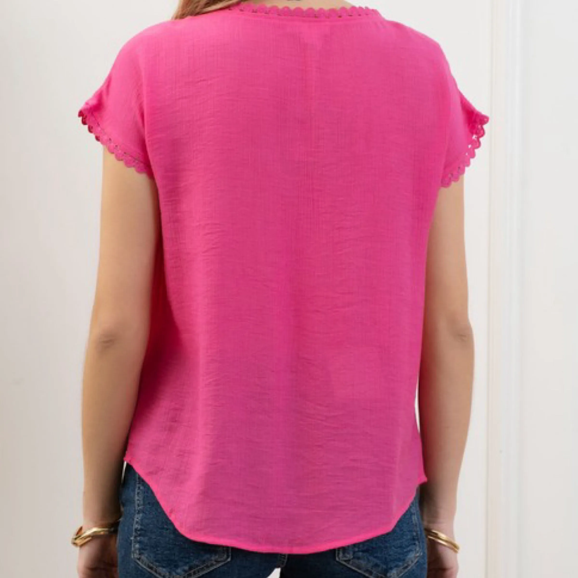 Floral Print Embroidery Top Hot Pink