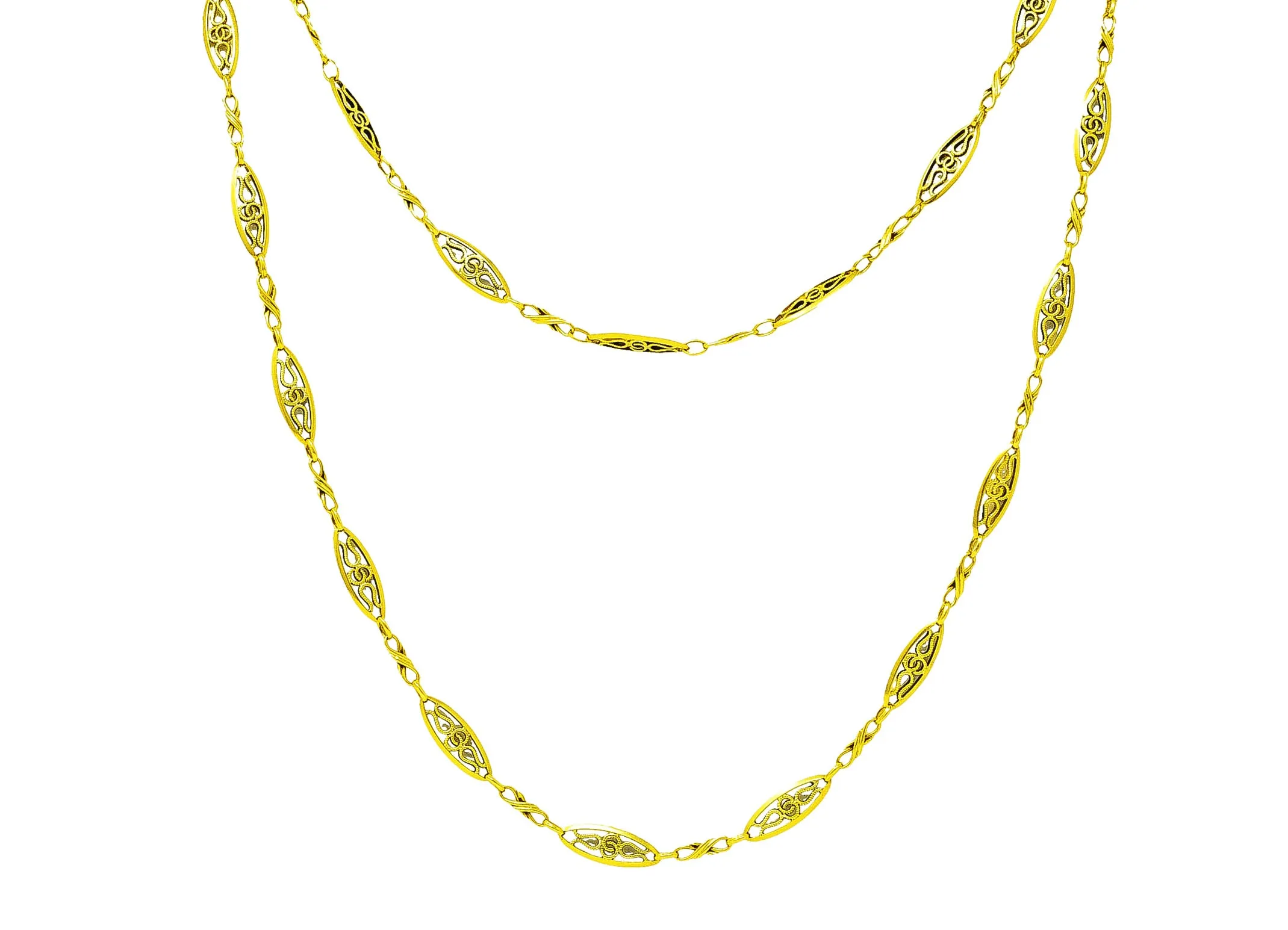 French Victorian 18 Karat Yellow Gold Filigree Navette 62 Inch Long Antique Chain Necklace