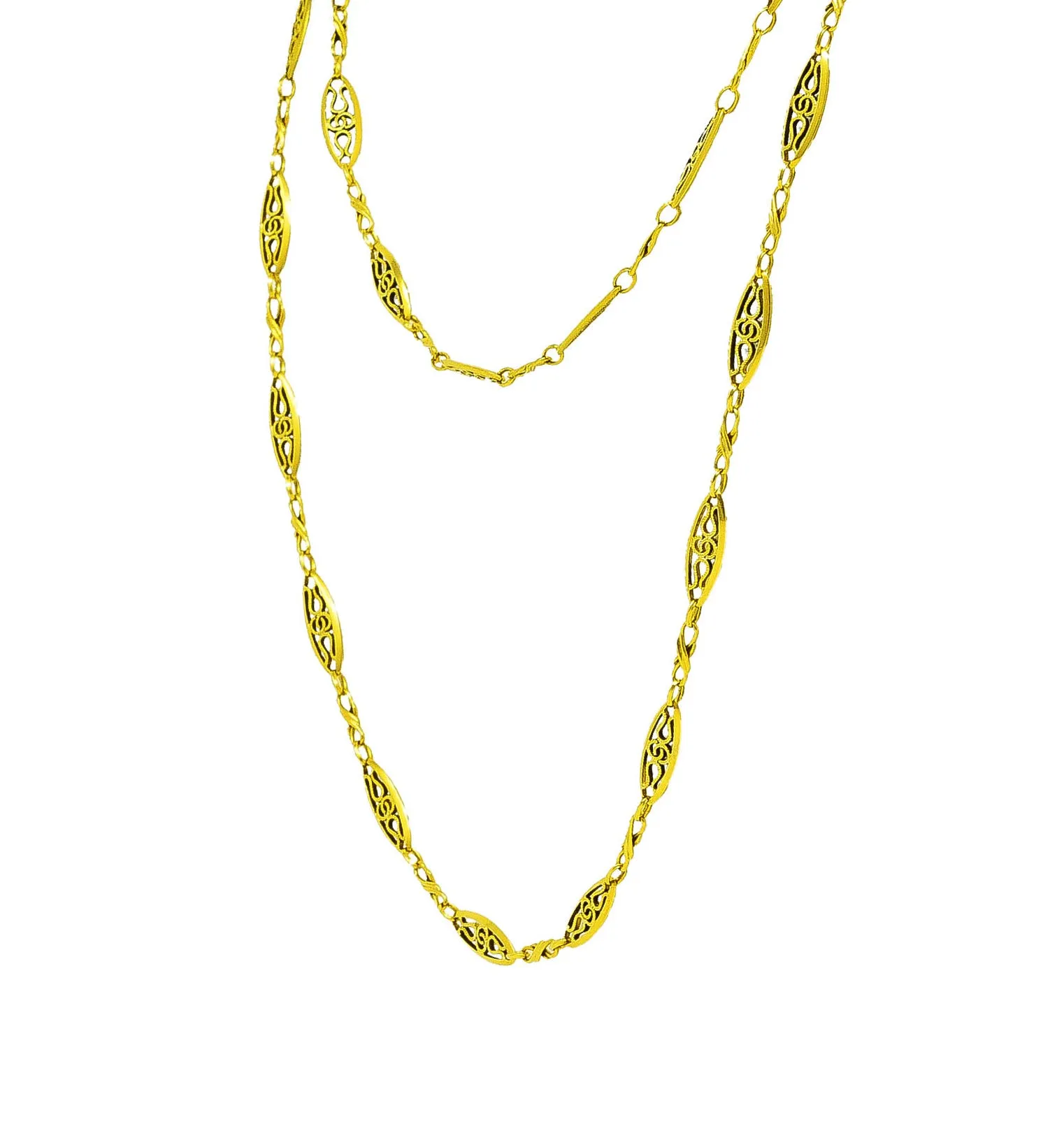 French Victorian 18 Karat Yellow Gold Filigree Navette 62 Inch Long Antique Chain Necklace