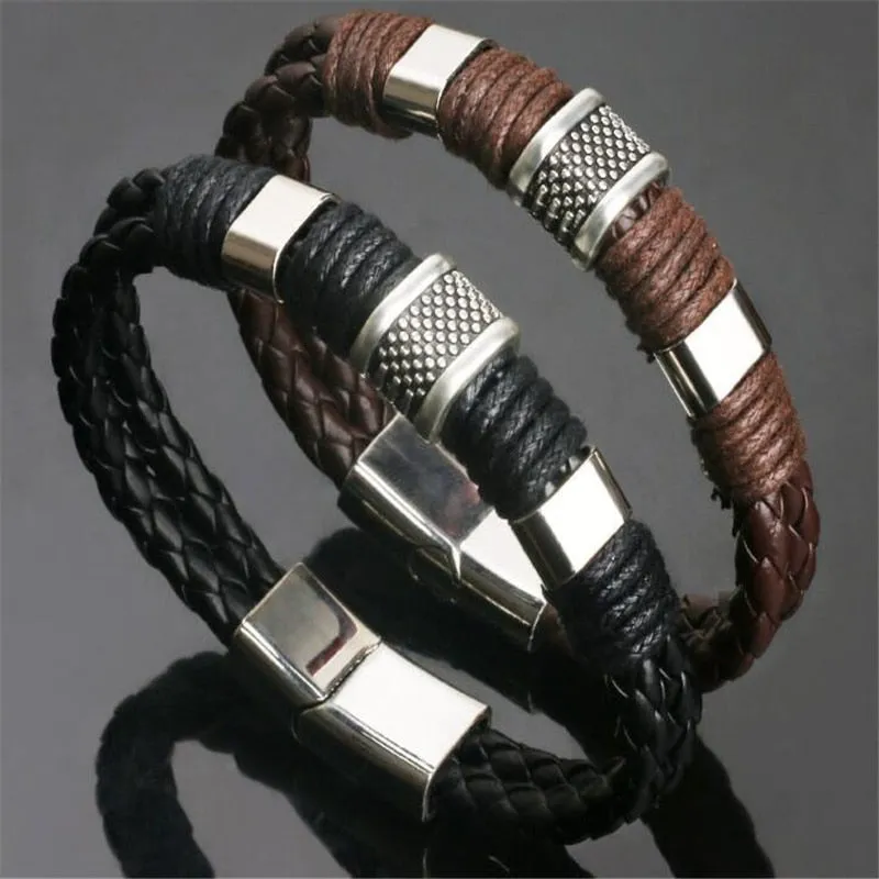 Full Grain Black or Brown Leather Stainless Steel Hardware Icon Bracelet