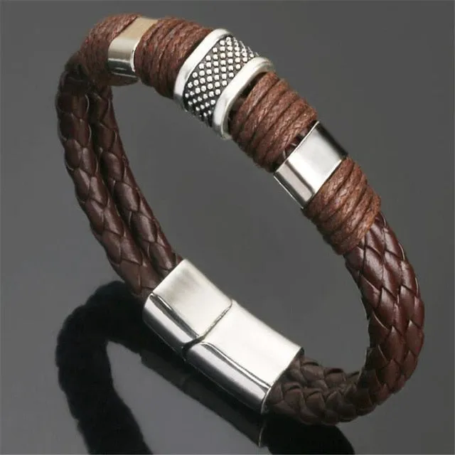 Full Grain Black or Brown Leather Stainless Steel Hardware Icon Bracelet