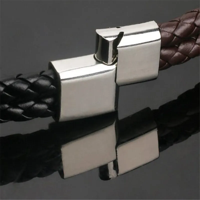 Full Grain Black or Brown Leather Stainless Steel Hardware Icon Bracelet