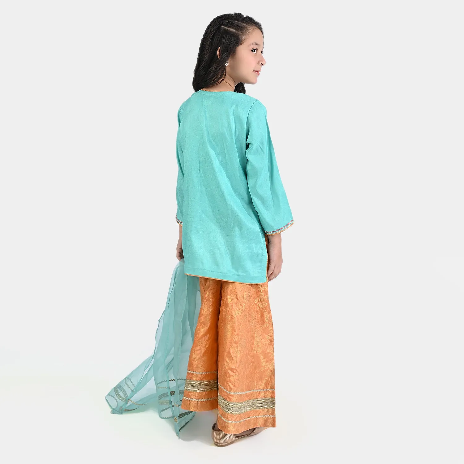 Girls Raw Silk 3PC Suit Raqs-e-Bahar-Aqua Green