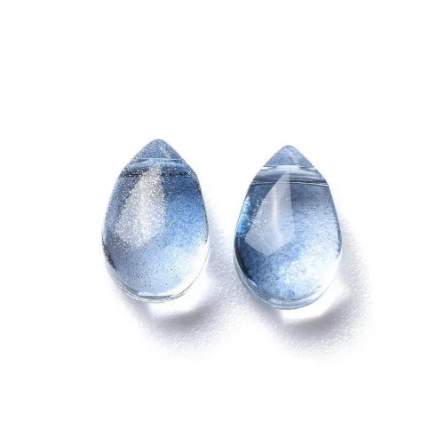 Glass Beads, Teardrop, Transparent, Top Drilled, Glitter Gold Powder, Blue, 9mm