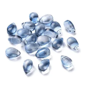 Glass Beads, Teardrop, Transparent, Top Drilled, Glitter Gold Powder, Blue, 9mm