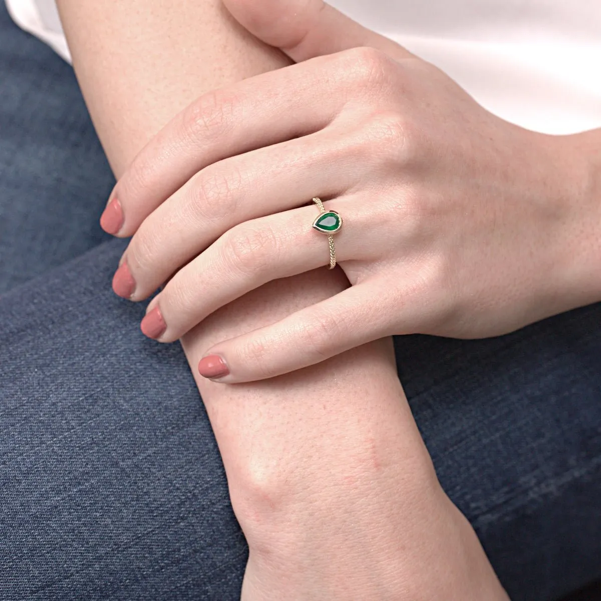 Green Agate Teardrop Bezel Set Cocktail Ring