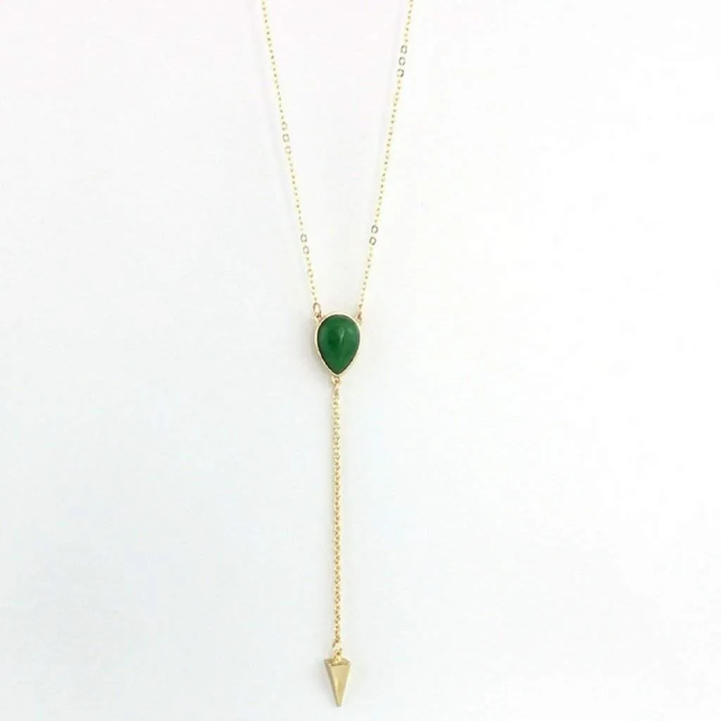 Green Natural Stone and Gold Arrow Head Lariat Necklace