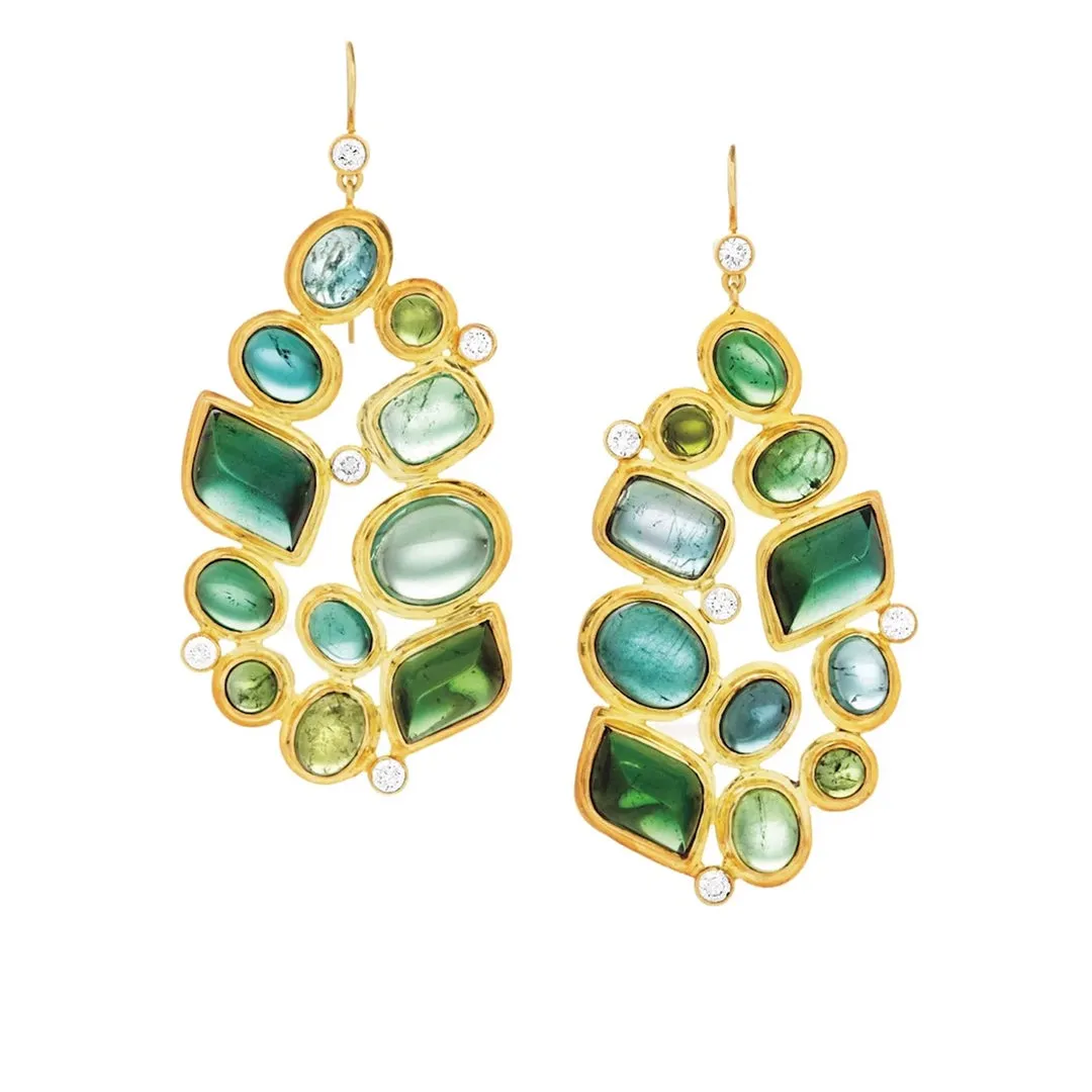 Green Tourmaline & Diamond 18K Gold Drop Earrings, Mosaic 11 Stone