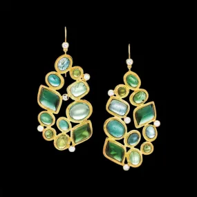 Green Tourmaline & Diamond 18K Gold Drop Earrings, Mosaic 11 Stone