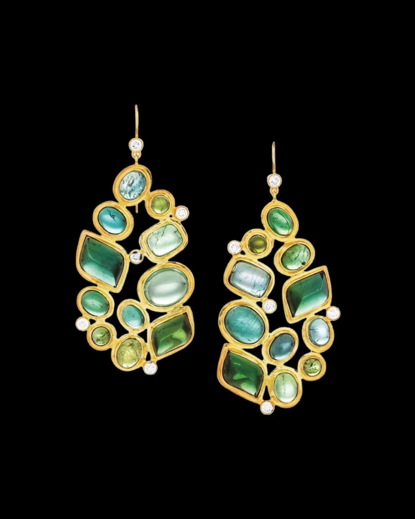 Green Tourmaline & Diamond 18K Gold Drop Earrings, Mosaic 11 Stone