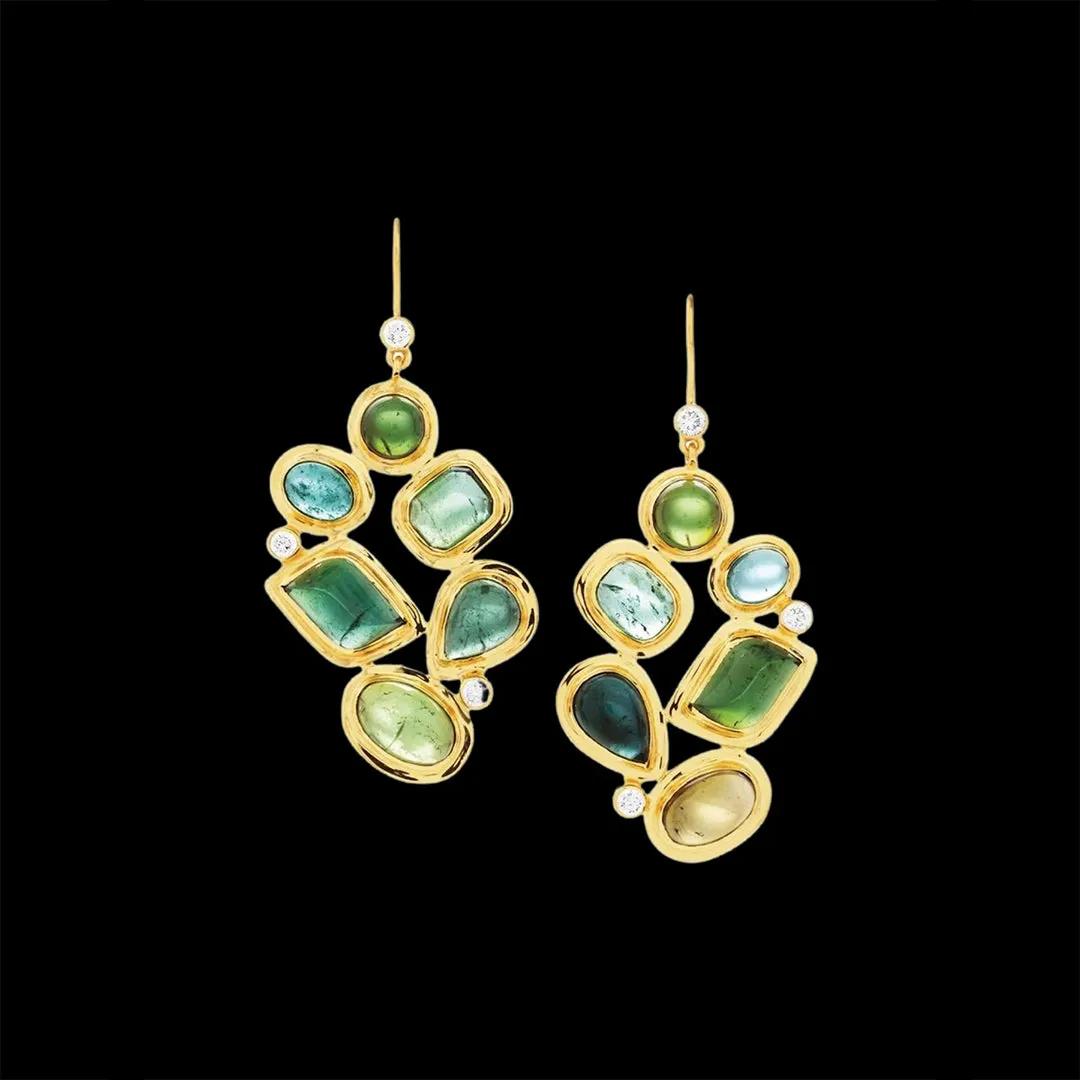 Green Tourmaline & Diamond 18K Gold Drop Earrings, Mosaic 6 Stone