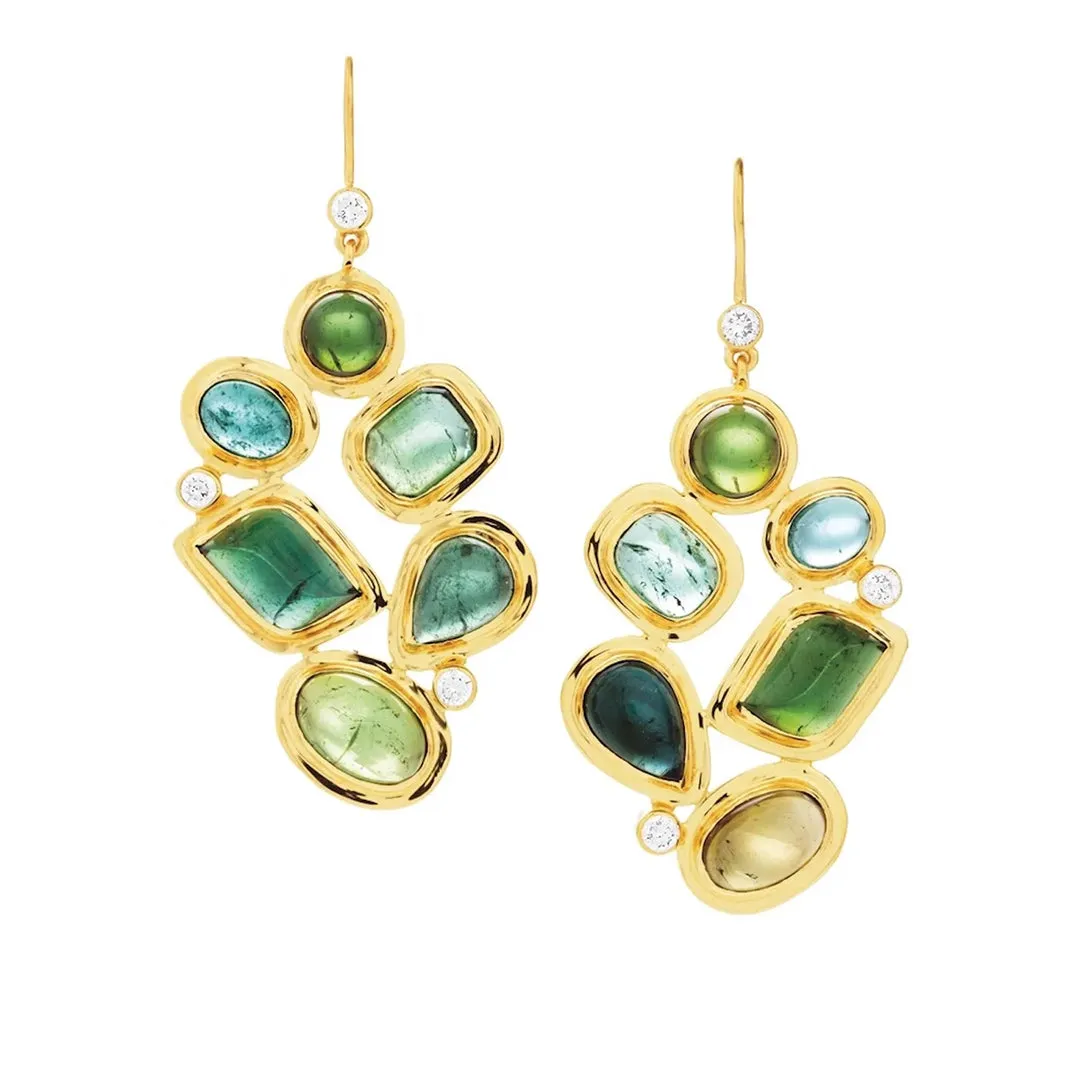 Green Tourmaline & Diamond 18K Gold Drop Earrings, Mosaic 6 Stone