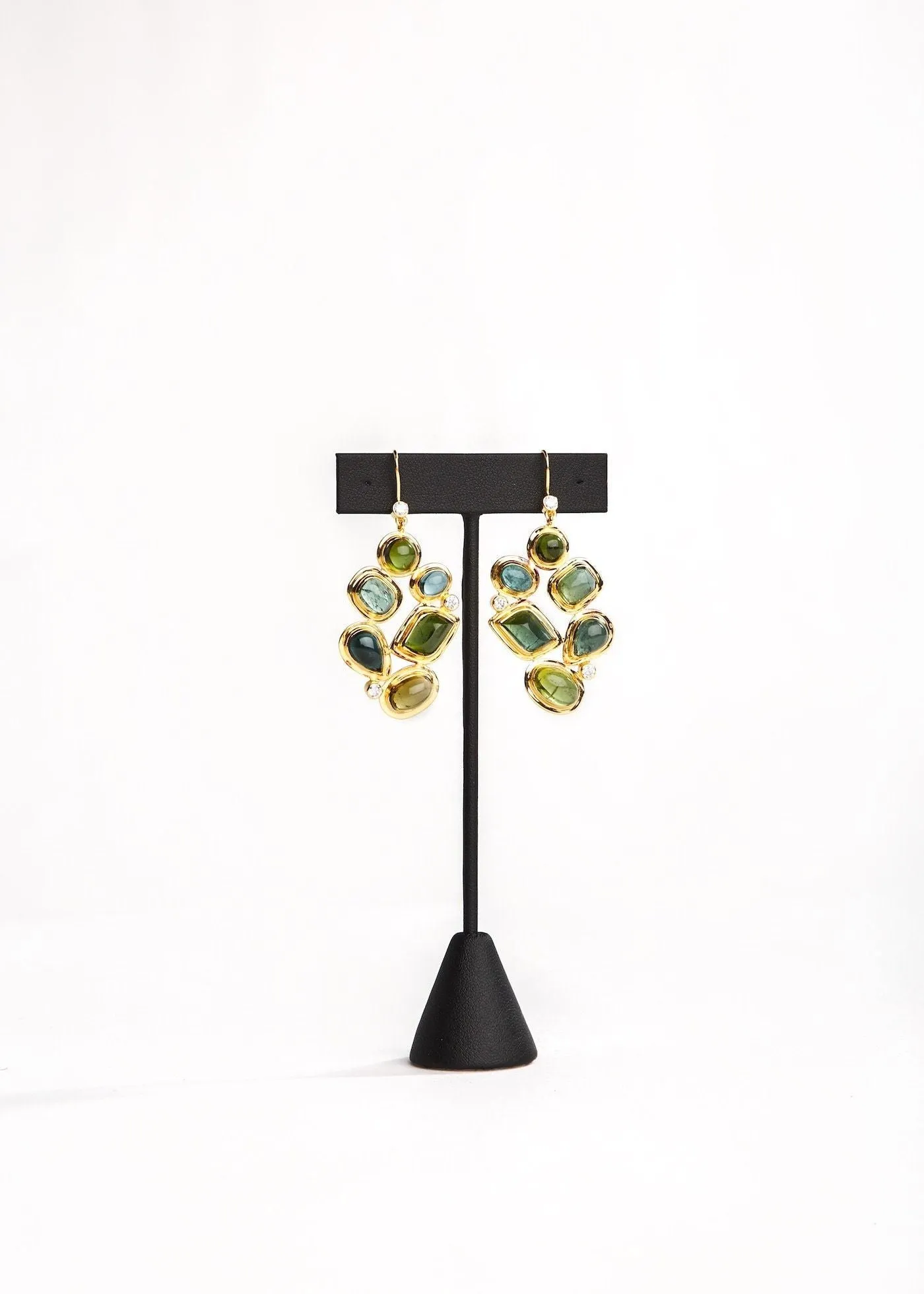 Green Tourmaline & Diamond 18K Gold Drop Earrings, Mosaic 6 Stone