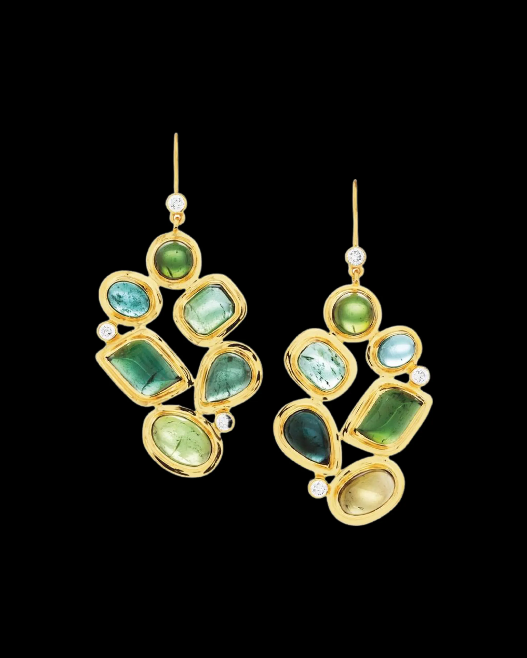 Green Tourmaline & Diamond 18K Gold Drop Earrings, Mosaic 6 Stone