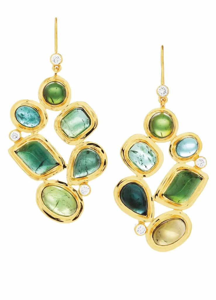 Green Tourmaline & Diamond 18K Gold Drop Earrings, Mosaic 6 Stone