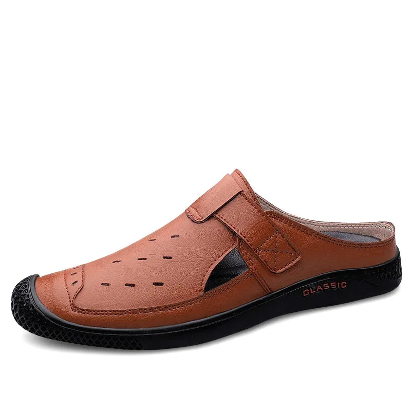 Half Slipper Loafers Genuine Leather Shoes Men Slippers