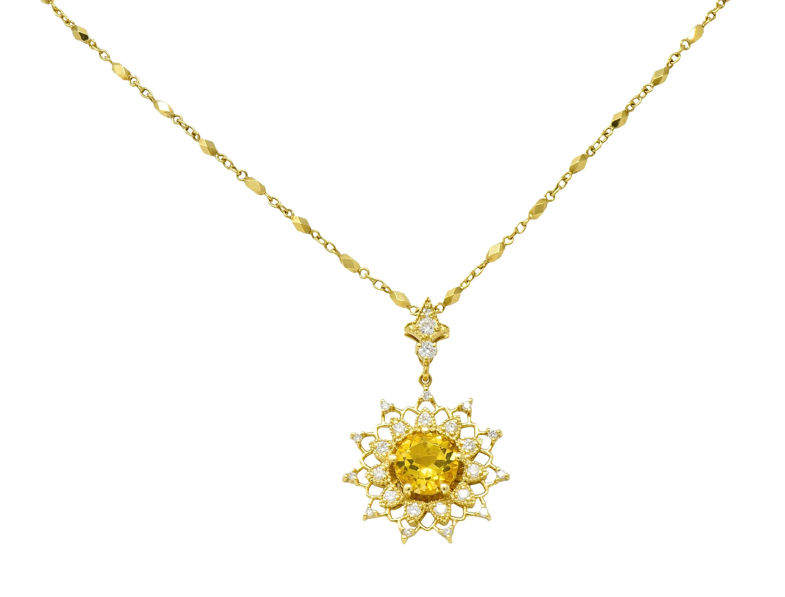 Heliodor Golden Beryl Diamond 18 Karat Gold Floral Burst Necklace