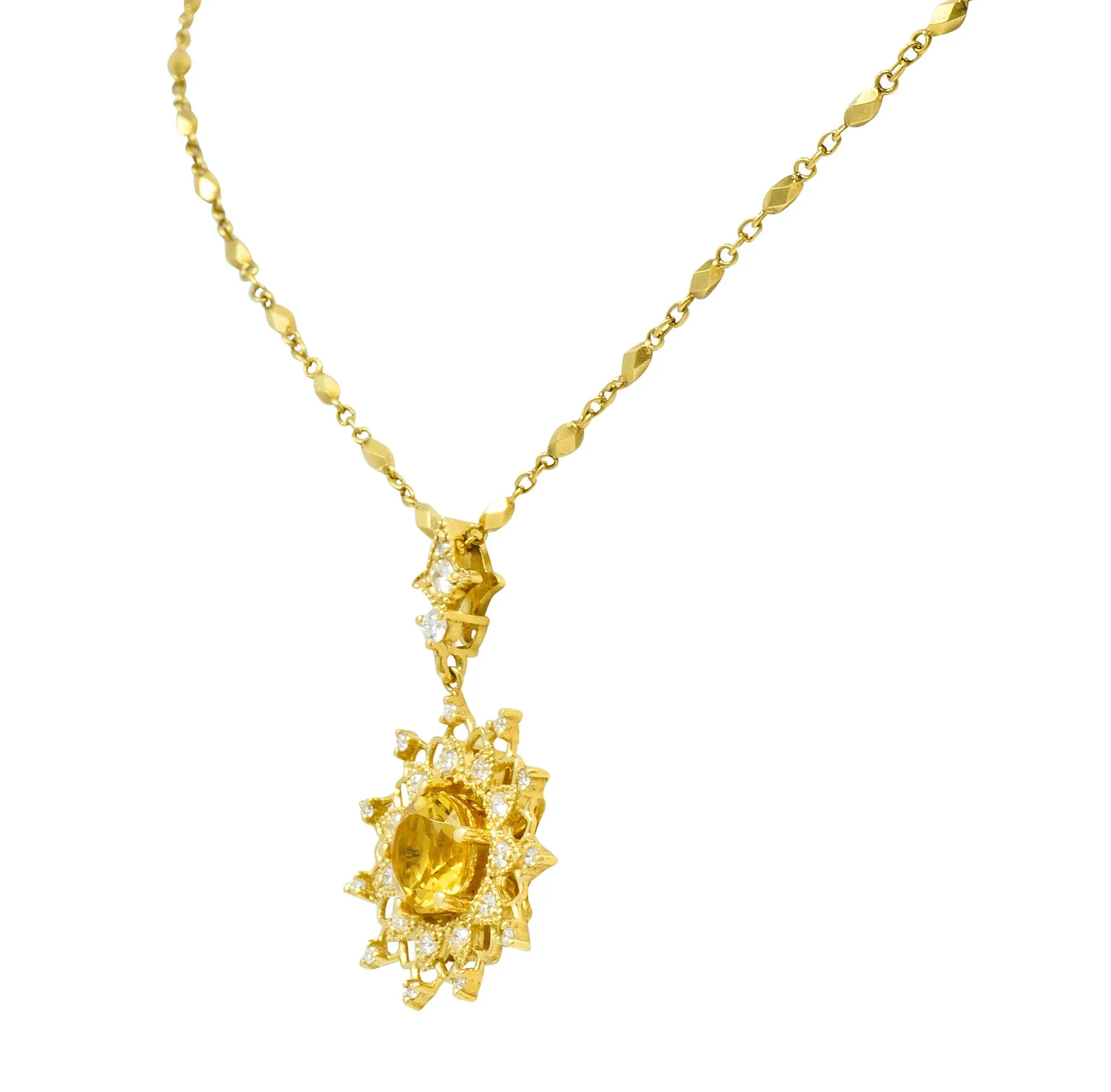 Heliodor Golden Beryl Diamond 18 Karat Gold Floral Burst Necklace