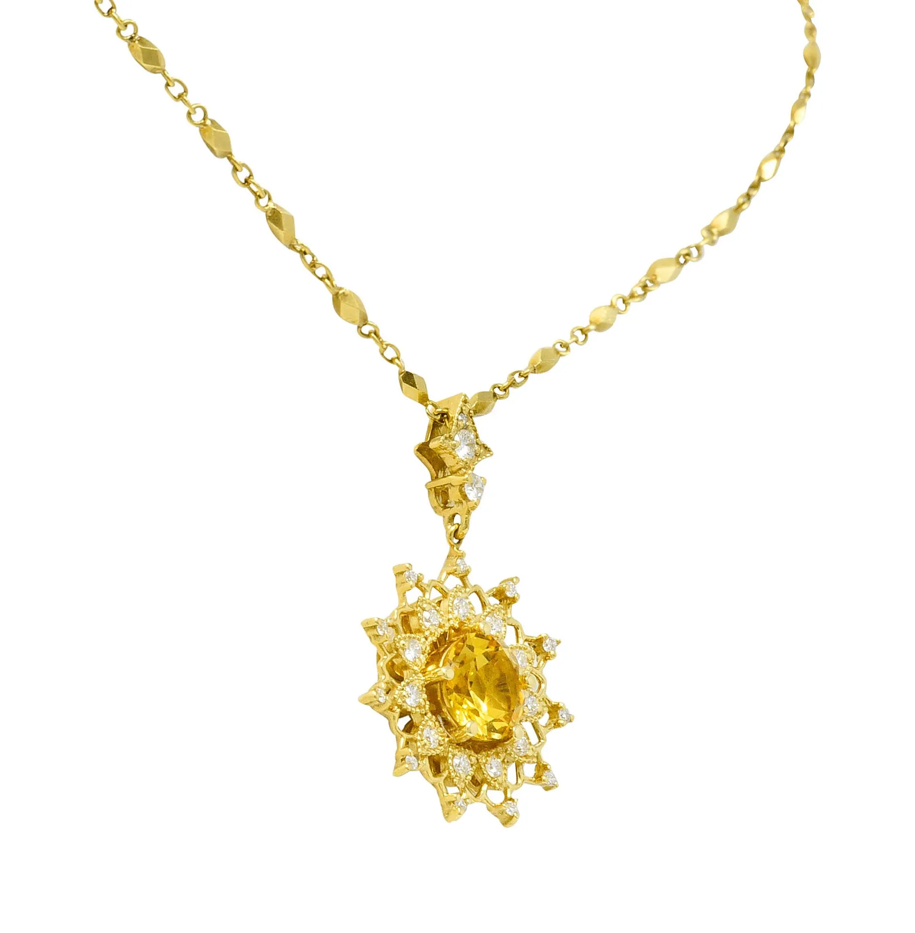 Heliodor Golden Beryl Diamond 18 Karat Gold Floral Burst Necklace