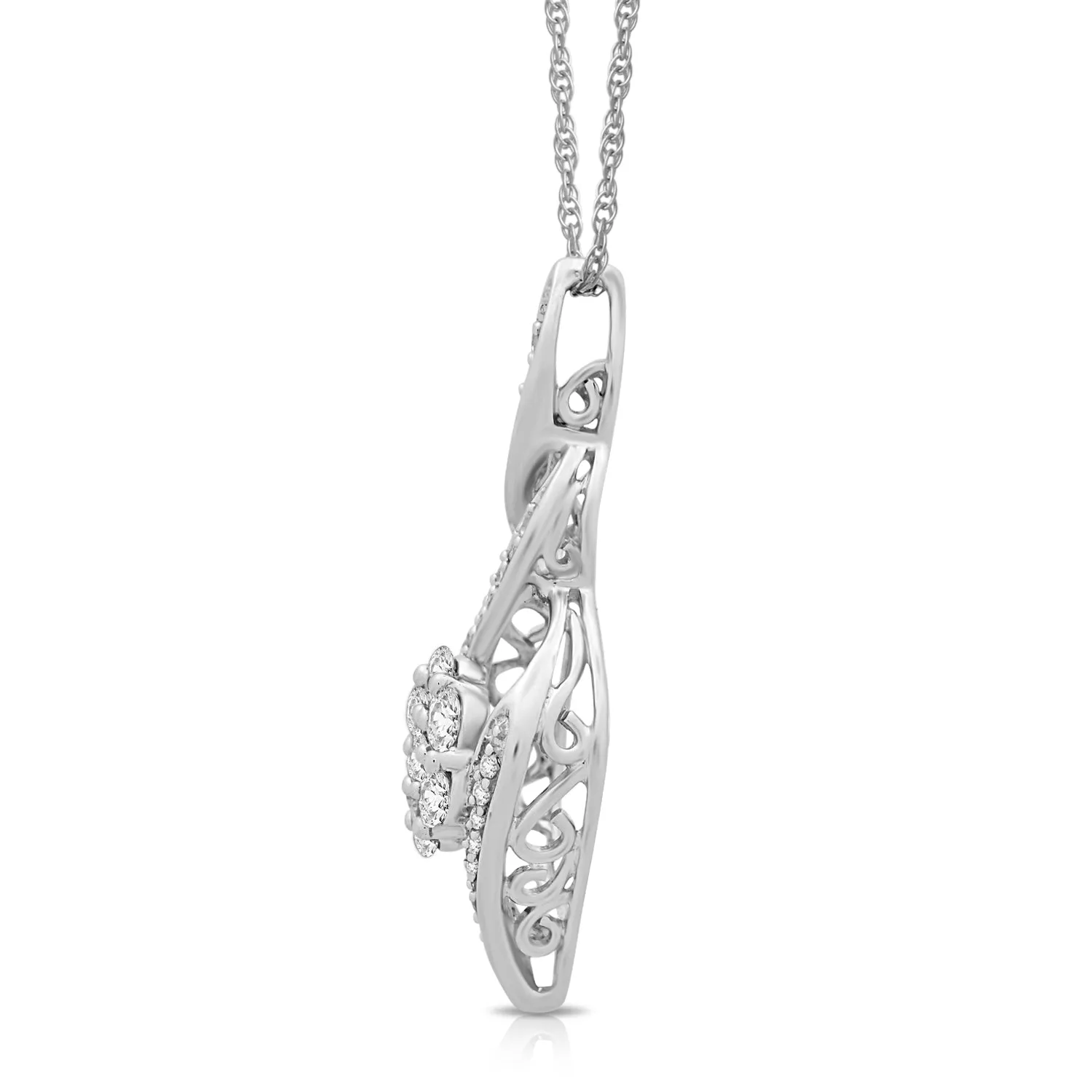 Jewelili 10K White Gold 1/2 CTTW Round White Diamonds Twist Pendant Necklace