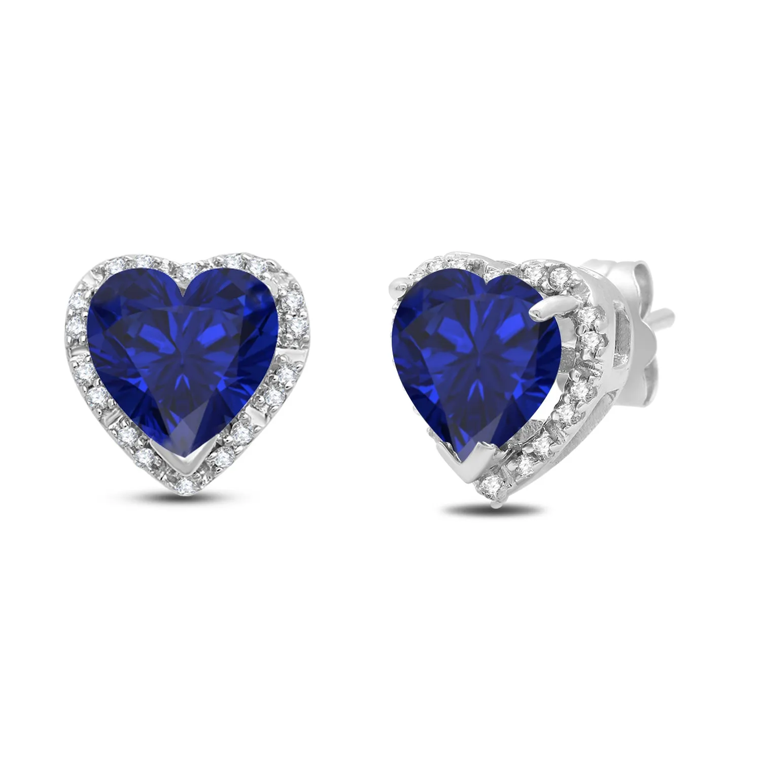 Jewelili 10K White Gold with Heart Shape Created Blue Sapphire and 1/10 CTTW Natural White Round Diamonds Stud Earrings