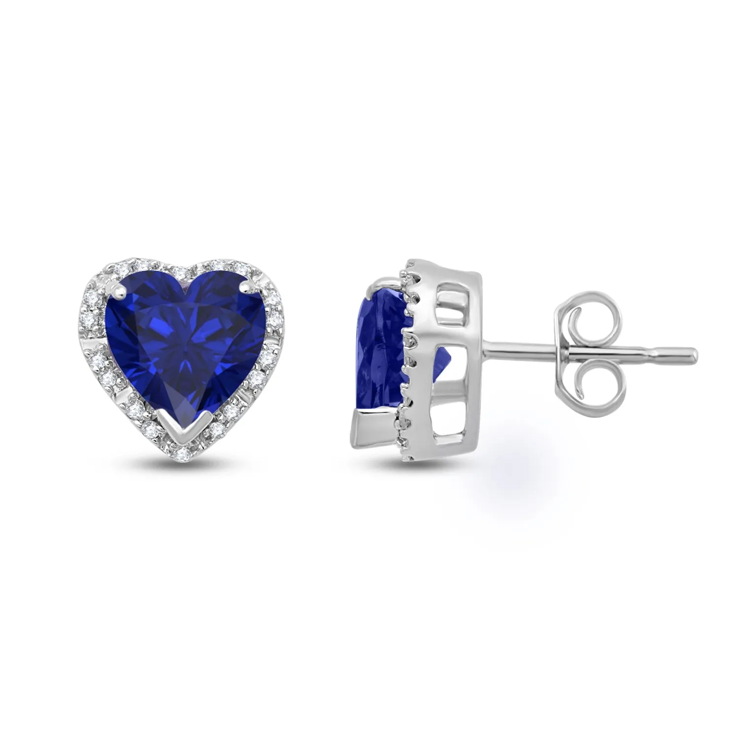 Jewelili 10K White Gold with Heart Shape Created Blue Sapphire and 1/10 CTTW Natural White Round Diamonds Stud Earrings