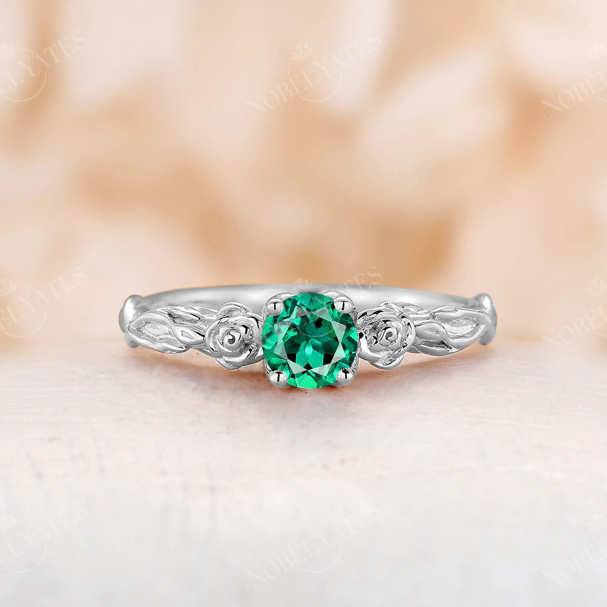 Lab Emerald Floral Engagement Ring Solitaire Natured Inspired