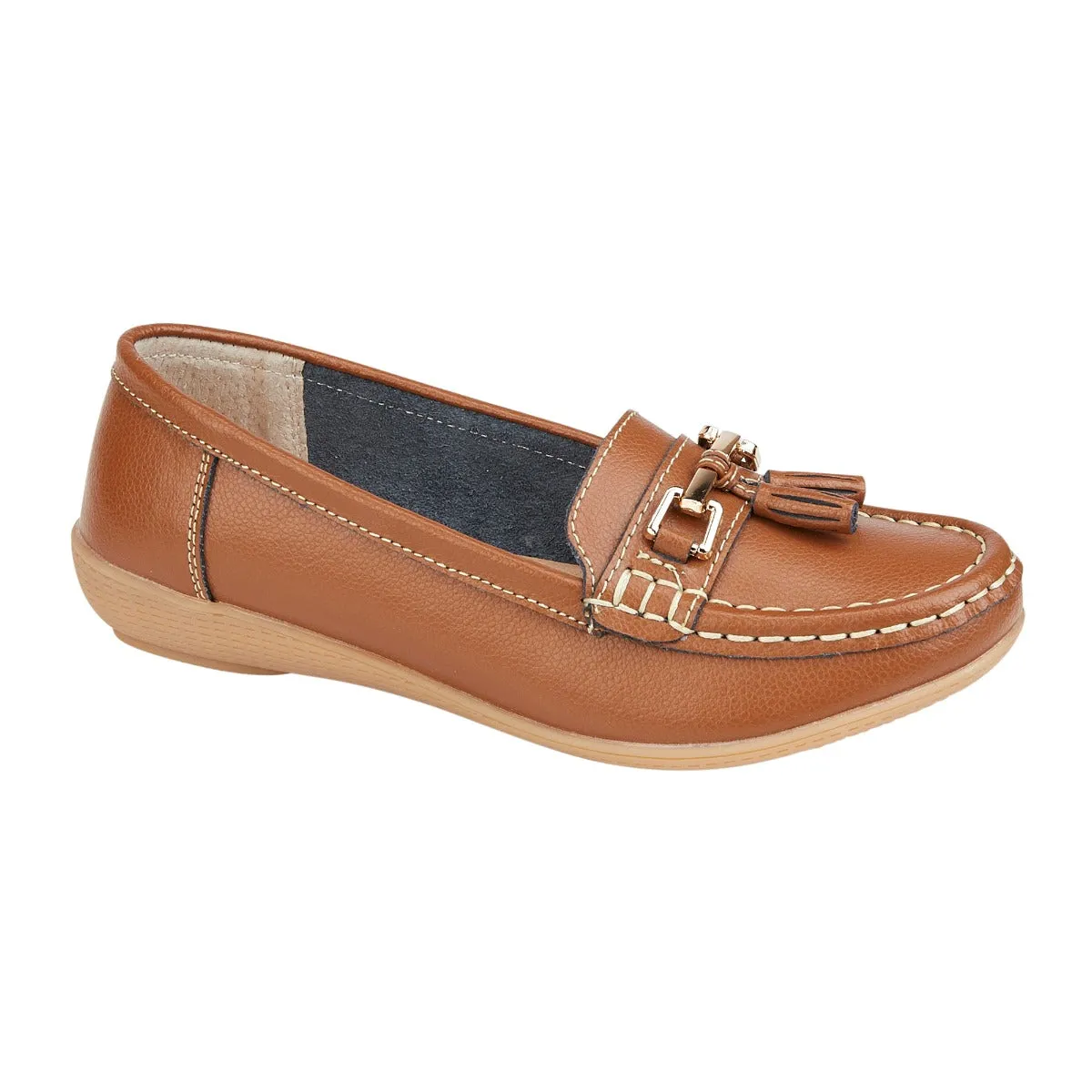 Ladies Leather Slip on Tan Shoes Nautical Flat Jo & Joe