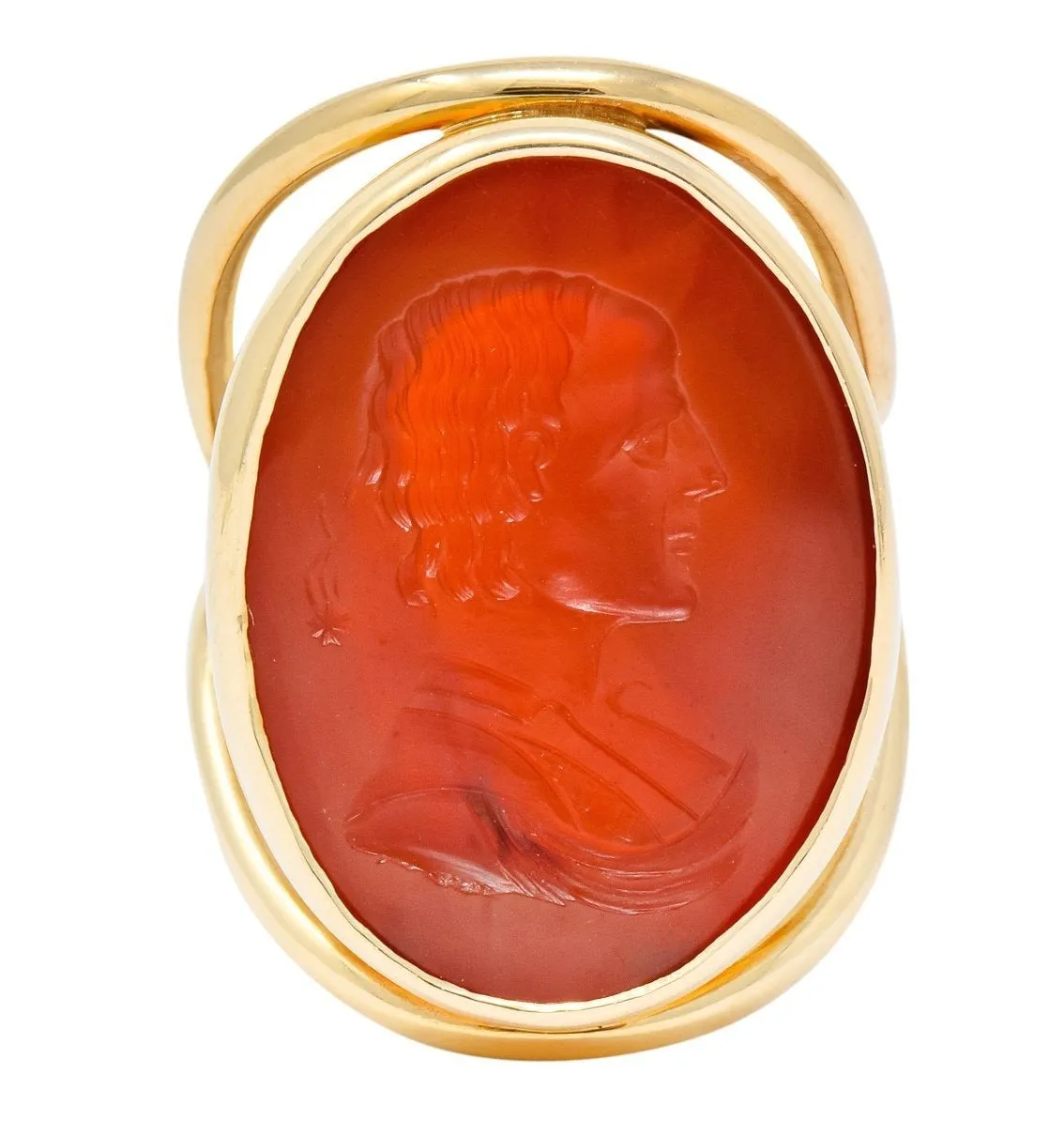 Large 1940’s Retro Carnelian Carved Male Silhouette Intaglio 14 Karat Yellow Gold Ring