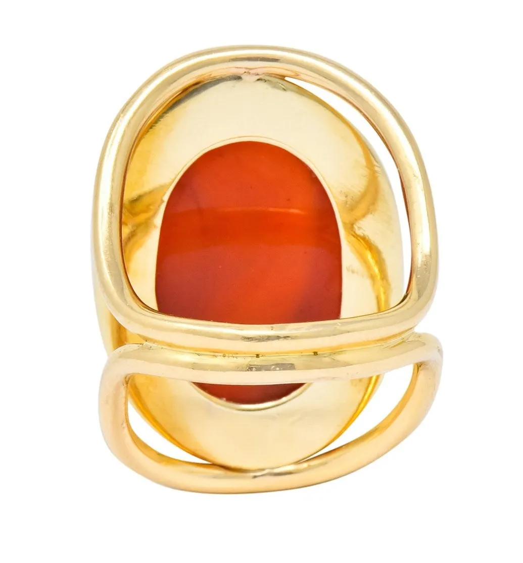 Large 1940’s Retro Carnelian Carved Male Silhouette Intaglio 14 Karat Yellow Gold Ring