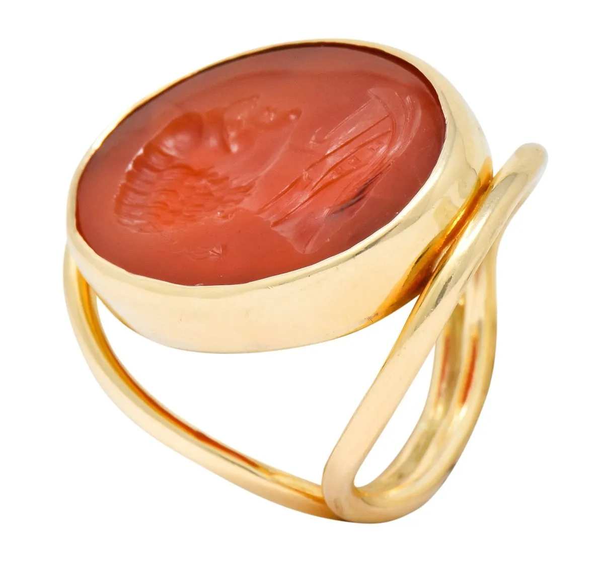 Large 1940’s Retro Carnelian Carved Male Silhouette Intaglio 14 Karat Yellow Gold Ring