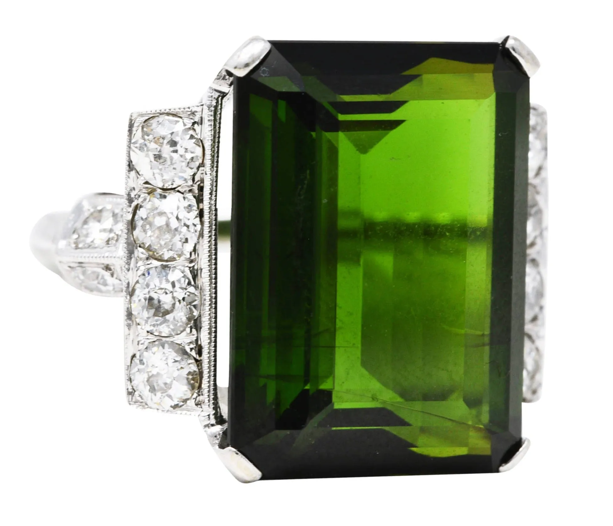 Late Retro 20.01 CTW Green Tourmaline Diamond 14 Karat White Gold Cocktail Ring