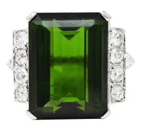 Late Retro 20.01 CTW Green Tourmaline Diamond 14 Karat White Gold Cocktail Ring