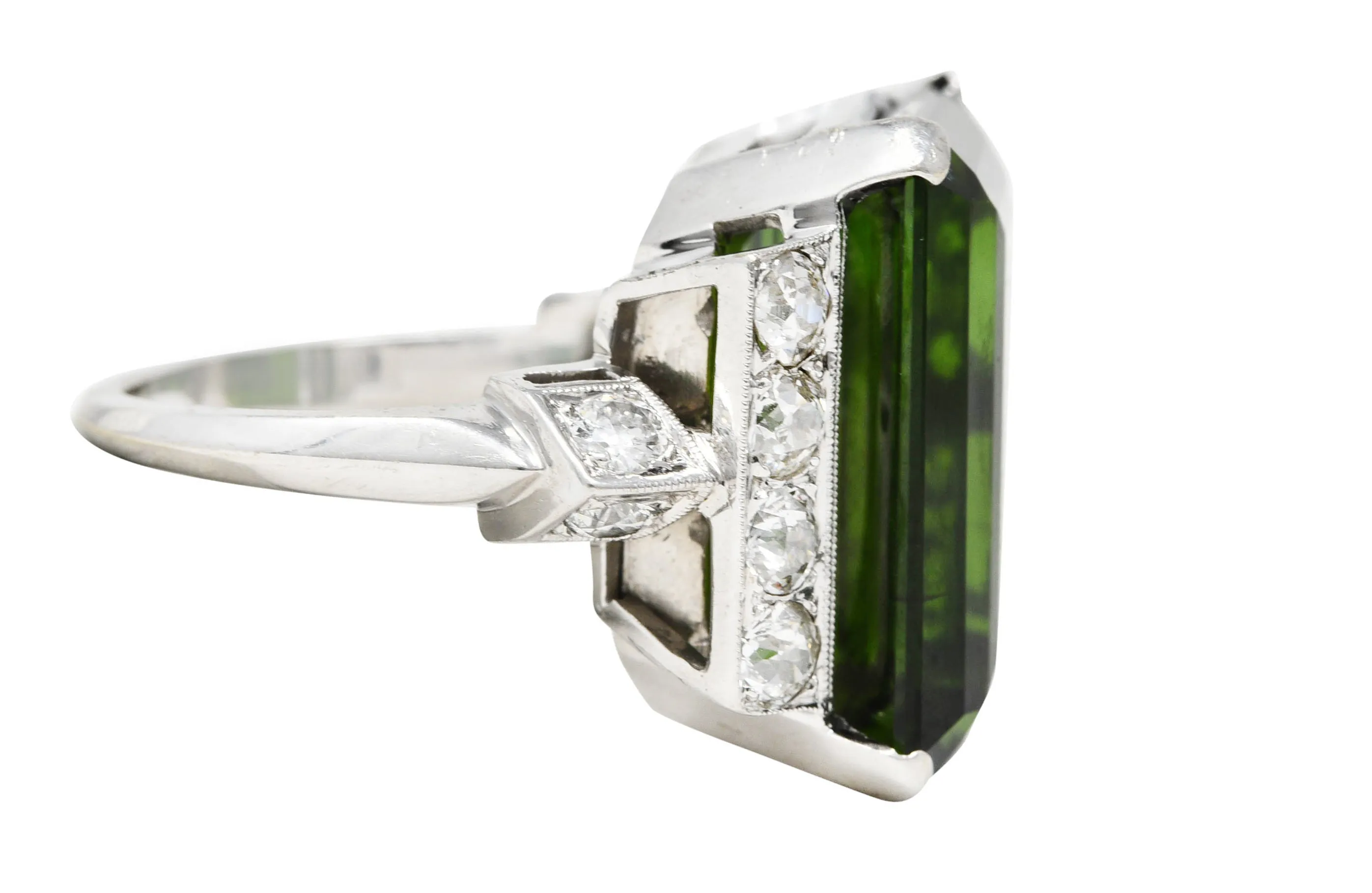 Late Retro 20.01 CTW Green Tourmaline Diamond 14 Karat White Gold Cocktail Ring