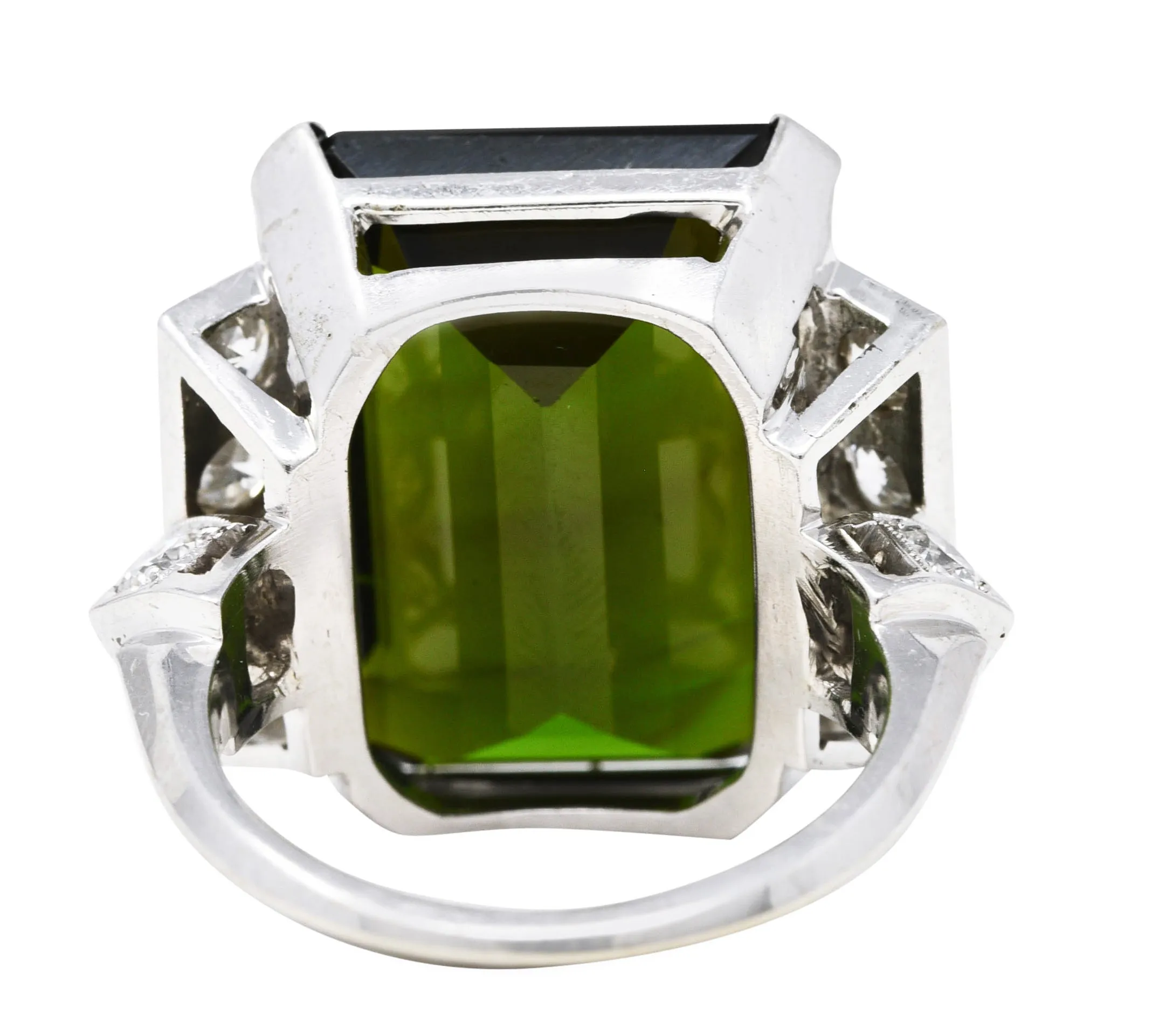 Late Retro 20.01 CTW Green Tourmaline Diamond 14 Karat White Gold Cocktail Ring