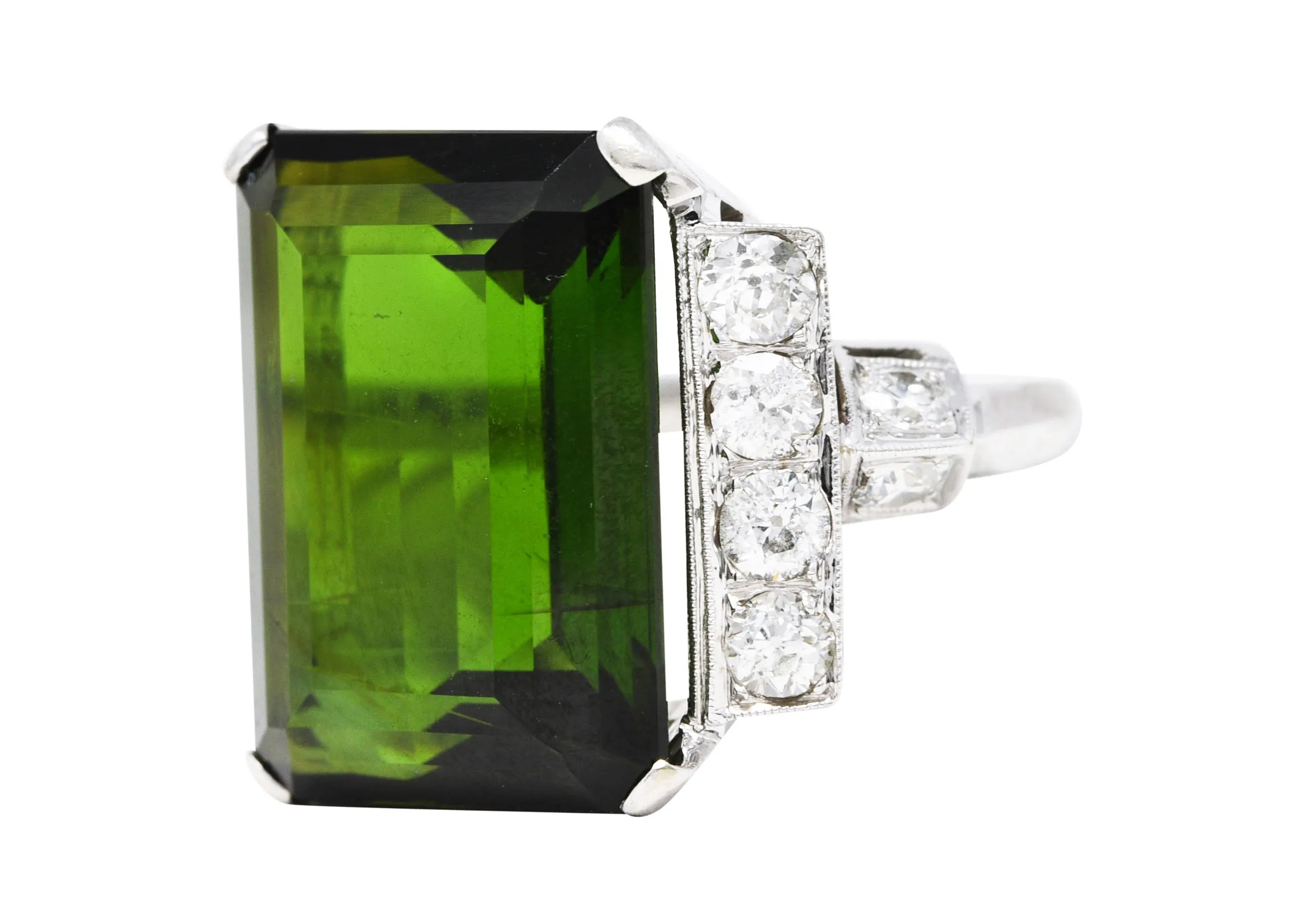 Late Retro 20.01 CTW Green Tourmaline Diamond 14 Karat White Gold Cocktail Ring