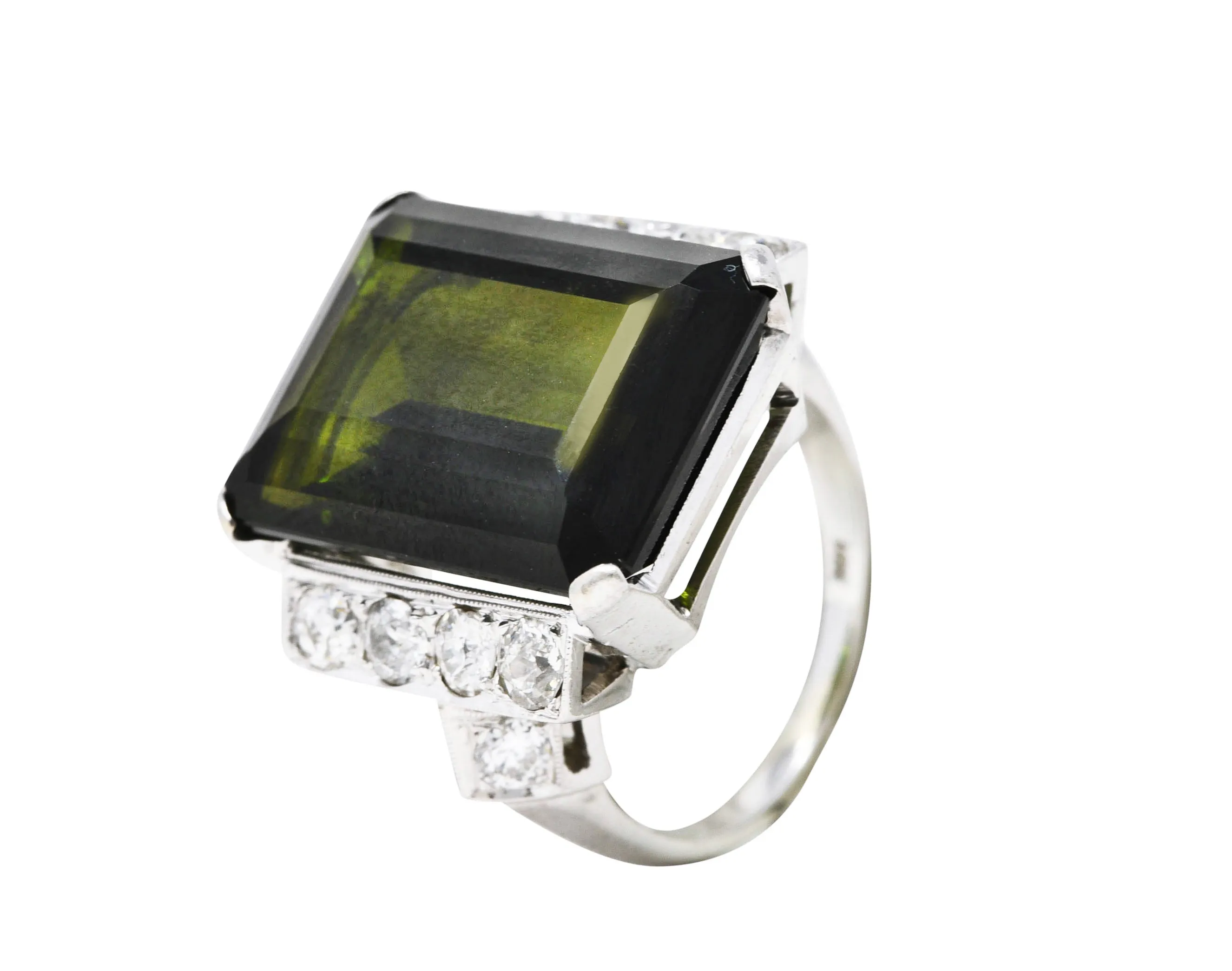 Late Retro 20.01 CTW Green Tourmaline Diamond 14 Karat White Gold Cocktail Ring