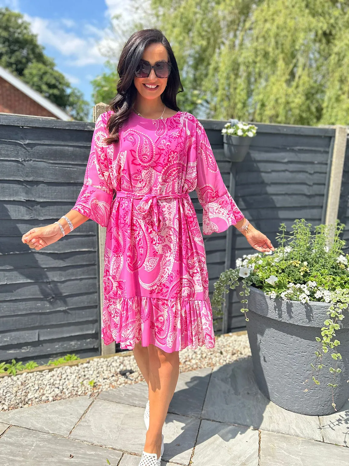 Lipstick Pink Paisley Flared Sleeve Dress Norma