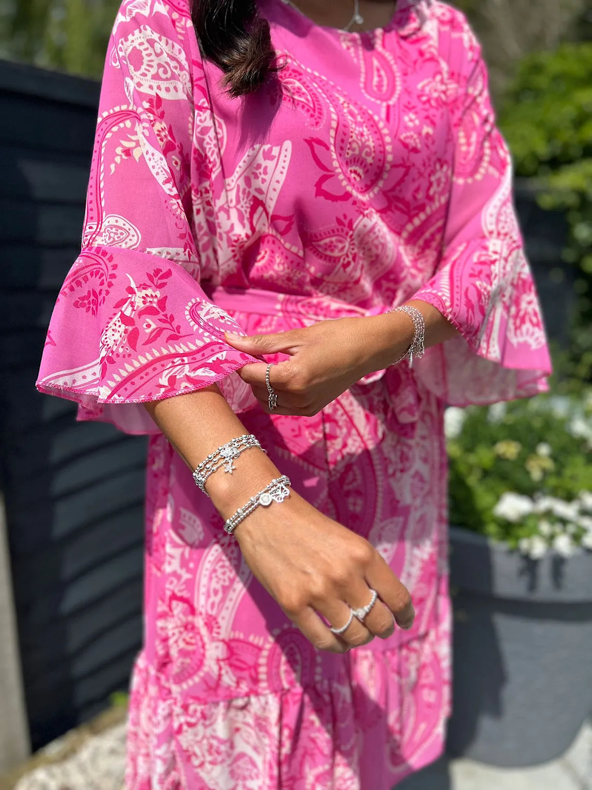 Lipstick Pink Paisley Flared Sleeve Dress Norma