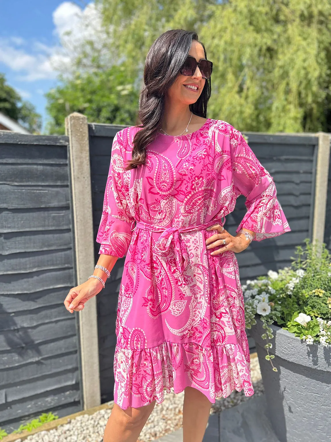 Lipstick Pink Paisley Flared Sleeve Dress Norma