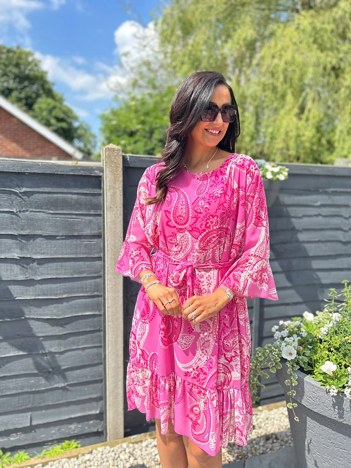 Lipstick Pink Paisley Flared Sleeve Dress Norma