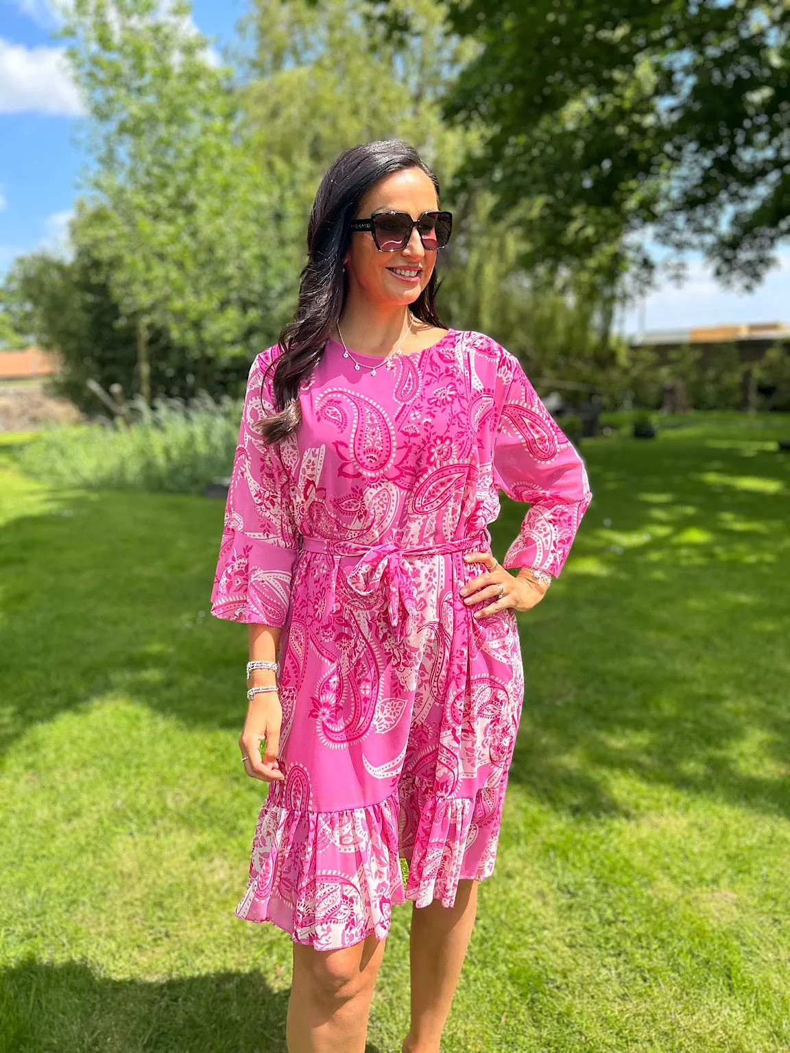 Lipstick Pink Paisley Flared Sleeve Dress Norma