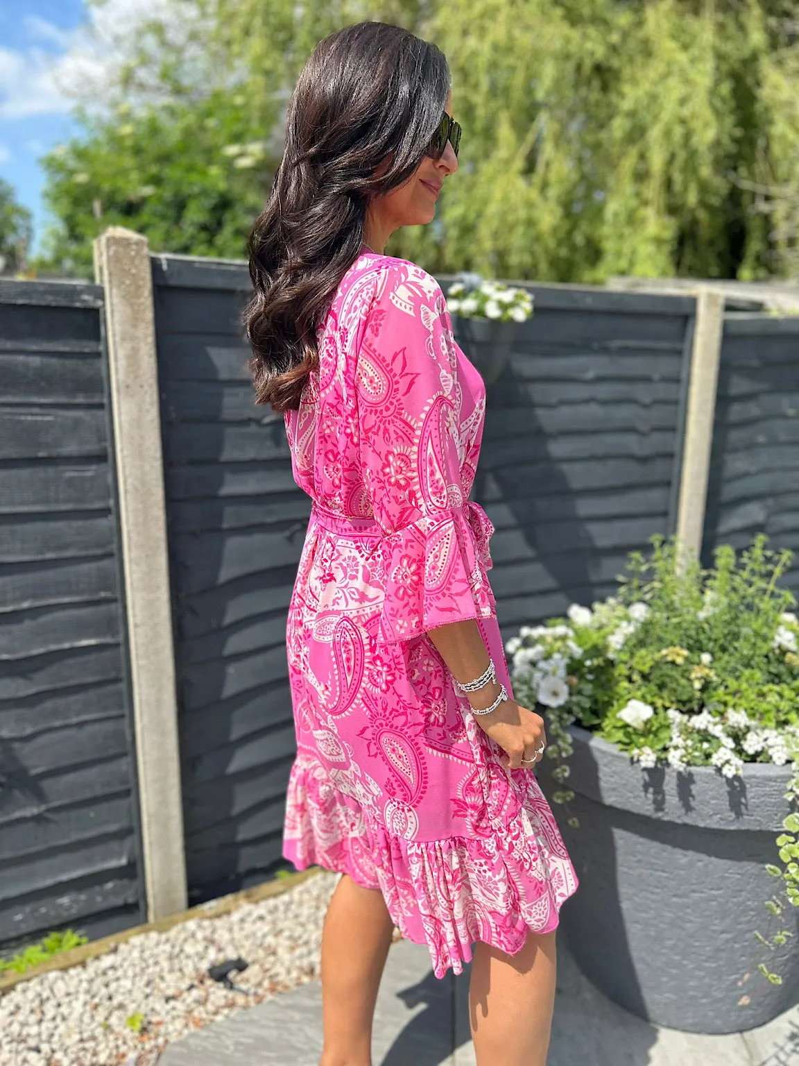 Lipstick Pink Paisley Flared Sleeve Dress Norma