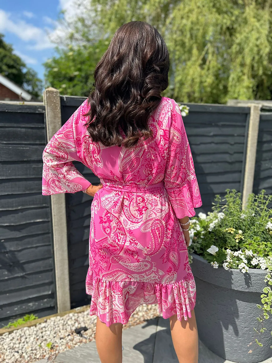 Lipstick Pink Paisley Flared Sleeve Dress Norma